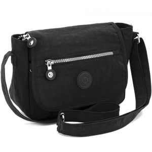 Kompakte Umhängetasche – Leichte Handtasche für Damen – Crossbody Messenger Bag – Nylon Schultertasche klein - Schwarz