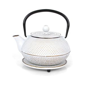 Echtwerk Teeservice Gusseisen Teekanne 1,1 L Teebereiter inkl. Untersetzer 2 Teetassen Teekannen-Set Vintage-Design, Farbe:Creme