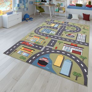 Kinder-Teppich, Spielteppich Für Kinderzimmer Mit Straßen-Muster Und Autos, Grün, Größe:80x150 cm