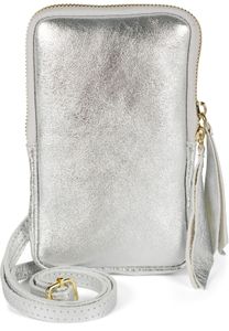 styleBREAKER Damen Leder Handy Umhängetasche aus weichem Veloursleder, Reißverschluss, Echtleder Mini Bag 02012373, Farbe:Silber