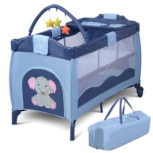 Babybett mit Spielzeug, Babywiege Komplettset, Stubenwagen Baby Reisebett Klappbar, Kinderbett Kinderreisebett mit Rollen und Bremse (Blau)