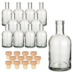 gouveo 12er Set Glasflaschen 500 ml Klassik mit Holzgriff-Korken - Leere Flasche 0,5 l aus Glas zum Befüllen - Glasflasche für Likör, Gin, Öl, Essig