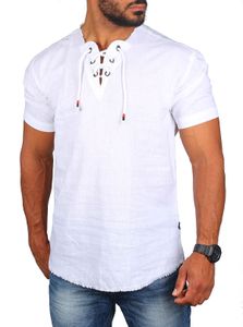 Carisma Herren Stehkragen vintage Tunika mit Schnürkragen Hemd kurzarm Shirt Baumwoll Leinen Mix 9122-9126, Grösse:XL, Farbe:Weiß