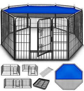 TRESKO® Welpenlaufstall 80 cm hoch mit Dach & Erdankern | Welpenauslauf 8-teilig | Hundelaufstall faltbar mit Tür | Aufbau werkzeugfrei | Tierlaufstall Hunde wetterfest