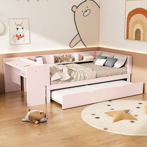 Flieks Kinderbett 90x200cm mit Ausziehbett, Einzelbett Holzbett mit Schreibtisch und Regal, Klassisches Bett für Kinderzimmer, Rosa