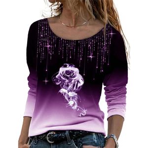 Neuer Stil Langärmeliger Lockerer Rundhalsausschnitt Lässiger Pullover Rosendruck T-Shirt Damen Violett L