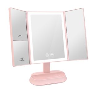 Meykoers Kosmetikspiegel LED Schminkspiegel Faltbarer Tischspiegel mit 5X/7X Vergrößerungsspiegel und Dimmbarer Rosa