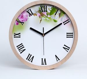 Holzuhr 30fi cm wanduhr - schwarze Spitzen - Frühlingsblumen