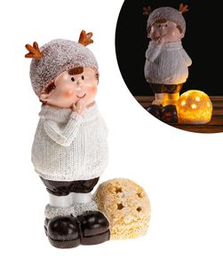 Winterkinder Figur aus Polyresin, schöne winterliche Dekoration, verschiedene Modelle (Junge mit LED-Schneekugel)
