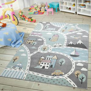 Kinder-Teppich, Spiel-Teppich Für Kinderzimmer, Mit Straßen-Motiv, In Grün Grau, Größe:120x170 cm