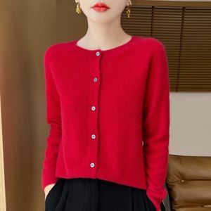 Warme, weiche Damen-Strickjacke mit Rundhalsausschnitt, XL, Rot