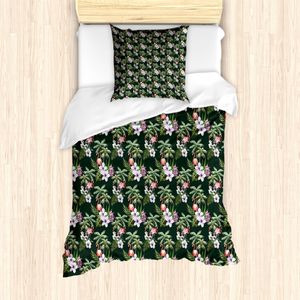 ABAKUHAUS Tropisch Bettbezug Set für Einzelbetten, Exotische Flamingo Blumenstrauß, Milbensicher Allergiker geeignet mit Kissenbezug, 135 cm x 200 cm - 80 x 80 cm, Jägergrün Multicolor