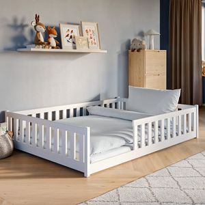 Kinderbett Bodenbett 140x200 cm mit Rausfallschutz & Lattenrost in weiß Mädchen Jungen Bett Jugendbett Einzelbett 200x140 cm