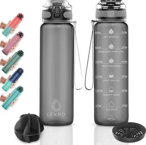 Lekro Trinkflaschen 1L, Wasserflasche für Uni, Arbeit, Fitness, Fahrrad, Outdoor, Leicht, Stoßfest, Soft Touch +Sieb, BPA-frei, Trinkflaschen - Grau