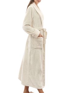 Damen & Herren Soft Flanell Fleece Langes Kleid Nachthemd Uni Bademantel ,Farbe:Weiß ,Größe:XL