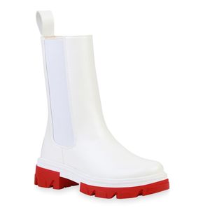 VAN HILL Damen Plateaustiefel Stiefel Plateau Vorne Profil-Sohle Schuhe 836491, Farbe: Weiß Rot, Größe: 38