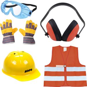 EDUPLAY Kinder Bauhelm, Warnweste, Schutzbrille, Gehörschutz & Handschuhe, mehrfarbig, 6-teilig (1 Set)