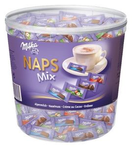 Milka Naps Mix puszka Alpine Milk Hazelnut Strawberry Creme Cacao do biura 1000g