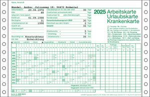 EDV-Arbeits-, Urlaubs-, Krankenkarte für die Beschriftung durch Drucker auf Endlospapier mit Perforationslinien, Endformat DIN A5