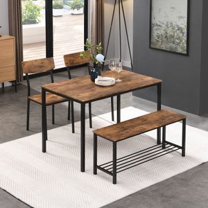 Merax Esstisch Esszimmergruppe Küchentisch mit Bank und 2 Stühlen aus Stahlrahmen, Esszimmertisch Esstisch-Set für 4 Personen, Industrie-Design, Vintagebraun