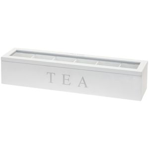 Teebox mit 6 Fächern TEA, Teebehälter, Holz Teekiste mit transparent Glasdeckel, Teekasten, Teebeutelbox, Aufbewahrung 43x9x9 cm