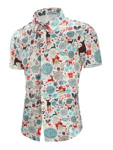 Herren Revers Halshemden Urlaub Elche Bedruckte Tee Single Breasted Snowman Print T-Shirt