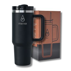 Motivai® Tumbler - 40oz - Thermobecher mit Griff und Strohhalm - Edelstahlbecher - Travel Cup - Trinkbecher to go - Thermosflasche - Schwarz