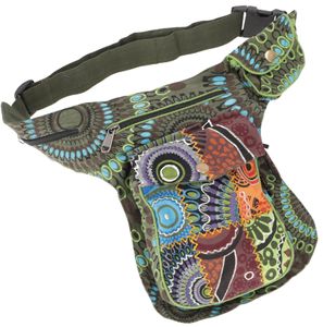 Stoff Sidebag & Patchwork Hüfttasche, Goa Gürteltasche, Bauchtasche aus Nepal - Olivgrün, Unisex - Erwachsene, Baumwolle, 25*20*4 cm, Festival- Bauchtasche Hippie