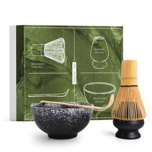 Matcha Set aus Besen (Chasen), Schale, Löffel und Besenhalter - handgefertigtes Geschenk-Set für die traditionelle Zubereitung von Matcha Tee