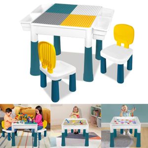 NAIZY Kinder Tisch Stuhl Set 6-in-1 Kindertisch mit 2 Stühle Doppelseitiger Tischplatte Bausteine Spieltisch Aktivitätstisch mit Multifunktionaler Stauraum für Kinder Lernen Spielen Kindermöbel