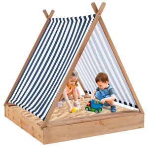 COSTWAY Sandkasten mit Dach, Sandkiste mit 2 Sitzbänken, UV-Schutz, Sandbox für Garten, 124 x 123 x 134 cm