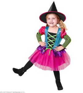 Buntes Hexen Kleid - Kinder Kostüm Hexe mit Hut L - 158 cm