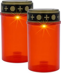 LED Solar Grablicht mit Flacker Effekt 2er Set - rot - Künstliche Grabkerze warm weiß mit Erdspieß - Gedenkkerze Trauerkerze Grablaterne Friedhofskerze Grab Dekoration solarbetrieben wetterfest