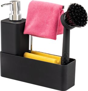 eluno Spülbecken-Set eckig, mit Soft-Touch-Gummierung, Spülutensilienhalter, inkl. Seifenspender 350ml, Spülbürste und drehbarem Tuchhalter, mit Ersatzbürstenkopf und Pumpe, schwarz