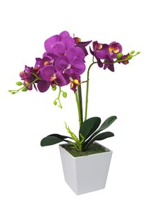 Kunst Orchidee im rechteckigen Topf – Farbecht - Pflegeleicht  (Topf Weiß - 50cm, Lila)