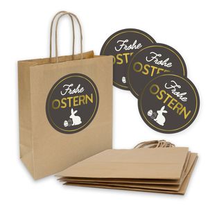 itenga 5x Geschenktüte mit Kordel 18x8x22cm + Sticker Frohe Ostern schwarz gold
