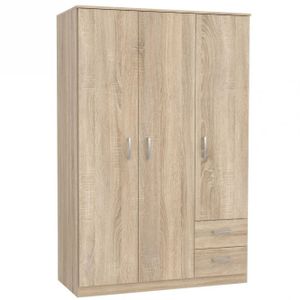 Furniture24 Kleiderschrank NIKO NIKS84, Schrank, 3 Türiger Drehtürenschrak, Universalschrank mit Kleiderstange, 1 Einlegeboden und 2 Schubkasten Sonoma Eiche