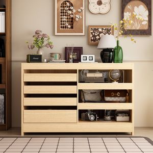 Vitrine mit 4 Schubladen,Vitrinenschrank mit 3 offenen Ablagen,Glasschrank mit Tischplatte,Buffetkommode mit Hartglas,MDF,gehärtetes Glas,Eichenfarbe Vitrine mit 4 Schubladen,Vitrinenschrank mit 3 offenen Ablagen,Glasschrank mit Tischplatte,Buffetkommode mit Hartglas,MDF,gehärtetes Glas,Eichenfarbe