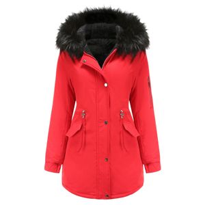 Damen Kapuzen-Baumwollwattejacke, Lässige Mode Plus Samtjacke, Winterwarme Baumwollwattejacke,Farbe:Rot,Größe:Xl