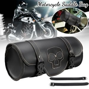 1Pcs Schwarz Totenkopf Stil PU Leder Motorrad Werkzeugtasche Gepäck Satteltaschen mit 2 * Gürtel