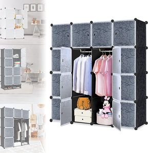 ACXIN DIY Kleiderschrank Regal, Garderobe aus Kunststoff, Garderobenschrank Tragbarer Faltschrank mit Türen (16 Würfel Schrank mit 2 Kleiderstange)