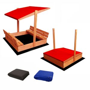 Adana Sandkasten Holz mit faltbaren Bänken & verstellbarem Dach, UV50, Sandkiste & Sonnendach 120 x 120 rot