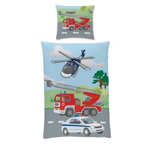 Bettwäsche Set für Jungen mit Polizei Auto Hubschrauber Feuerwehr Motiv · Kinderbettwäsche 135x200 80x80 cm aus 100% Baumwolle Renforce / Linon mit Reißverschluss