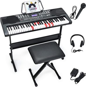 GOPLUS 61 Tasten Keyboard mit Hocker & Mikrofon & Kopfhörer &  Notenständer & LCD-Display, E-Piano Set, Ständer höhenverstellbar E-Klavier mit 3 Lernmodi