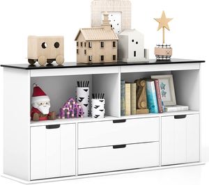 Dětská skříňka na hračky COSTWAY, dětská policová komoda se 4 zásuvkami, organizér na hračky do dětského pokoje a obývacího pokoje, dřevěná úložná skříňka (bílá+černá, 121 x 33 x 62 cm)