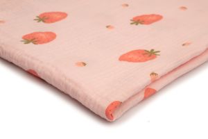 Baumwoll Musselin Stoff mit Aufdruck, Double Gauze, Erdbeeren auf Rosa 50 x 130 cm