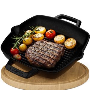 KAISERTAL® Grillpfanne inkl. Bürste - 26cm Premium Grillpfanne Gusseisen Voreingebrannt  - Induktionsgeeignet - Backofengeeignet