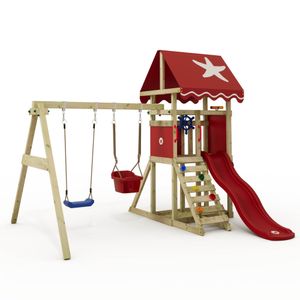 WICKEY Spielturm Klettergerüst DinkyStar mit Schaukel & Rutsche, Kletterturm mit Sandkasten, Leiter & Spiel-Zubehör – rot