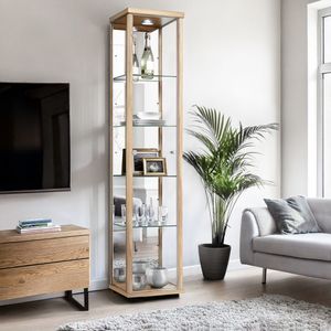 K-Möbel Glasvitrine stehend in Buche (176x37x33 cm) mit 4 höhenverstellbaren Glasböden, Spiegel & LED - Standvitrine - Vitrinenschrank Sammlervitrine