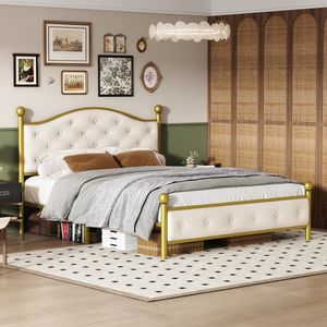 Merax kovová posteľ 140x200 cm rám manželskej postele rám jednolôžkovej postele kovový rám postele, posteľ pre hostí manželská posteľ rám postele pre mladých s lamelovým roštom a zamatovým čelom, zlatá